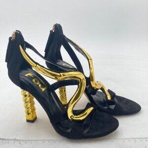 FSJ Women Flower Gold Metal Chain Chunky High Heels Ankle Strap Sandals Open Toe